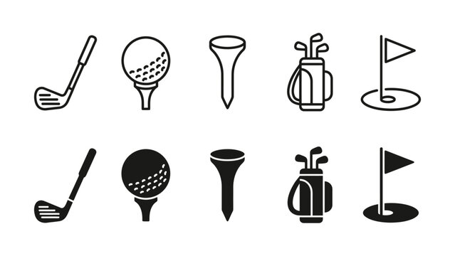 Golf icons set with golf club ball tee bag and flag on white background