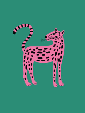 Pink Leopard Standing, Stylized Illustration