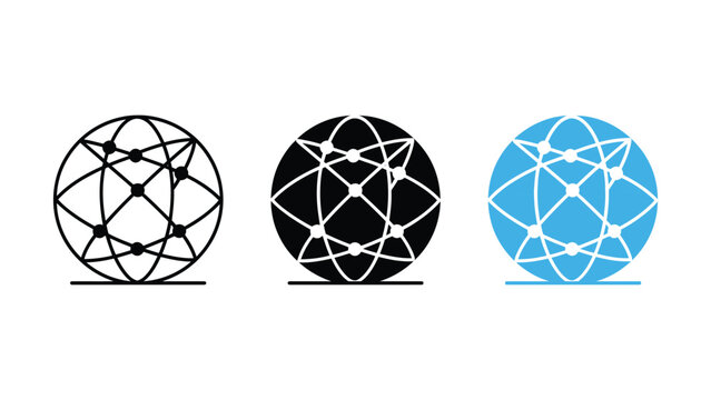 Three atomic structure icons in black and blue on white background
