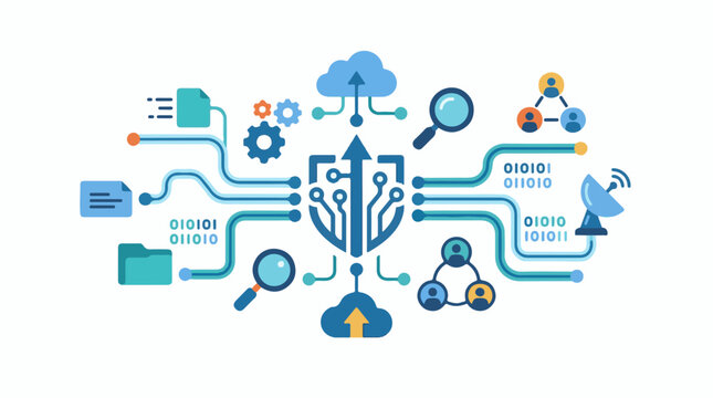 Digital network graphic illustrating data transfer security and cloud storage