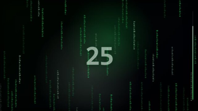 30 Second Countdown Timer Animation from 30 to 0 Seconds with Numbers for Videos, Presentations, Events, and Stock Footage, Digital binary code rain background. Abstract data stream matrix effect.