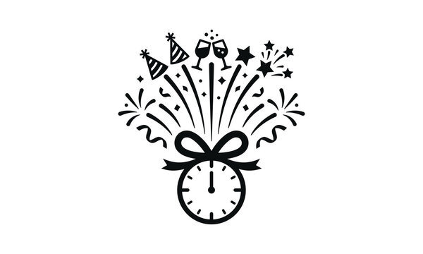 Midnight clock exploding with fireworks and party hats.