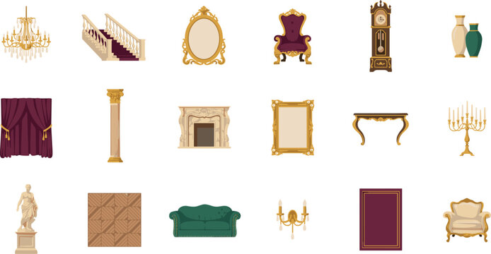 Luxury vintage baroque mansion interior vector element set featuring antique furniture golden chandeliers fireplaces statues and royal room decorations