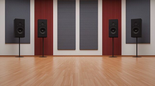 Modern sound studio with acoustic panels and floor speakers for audio production and mixing sessions