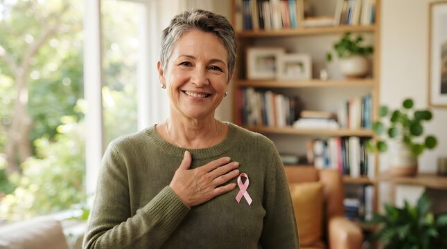 Breast cancer awareness month smiling survivor with pink ribbon hope and support