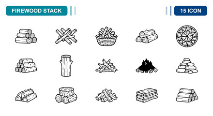 15 Firewood stack linear icon set wood logs, timber, campfire, UI and web interface design © Iconbyart1