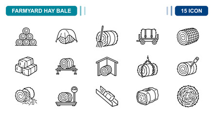 15 Farmyard hay bale linear icon set straw rolls, pitchfork, barn storage, UI and web interface design © Iconbyart1