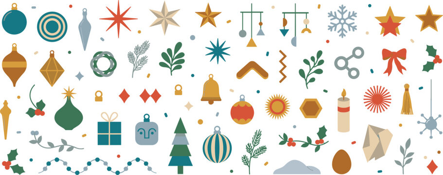 Minimalist winter holiday icons set with boho Christmas ornaments stars pine trees and botanical elements on white background
