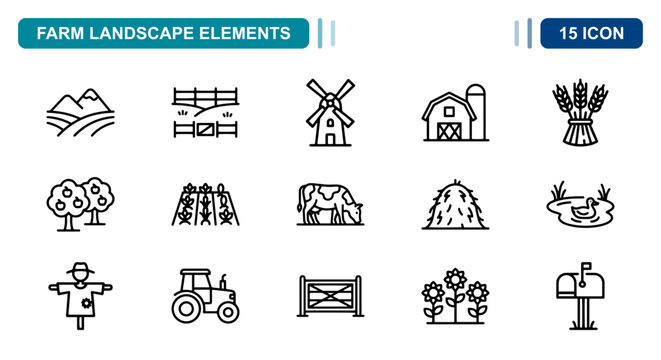 15 Farm landscape linear icon set tractor barn windmill scarecrow, UI and web interface design