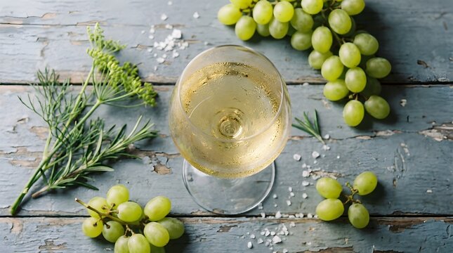 Glass of white wine with green grapes Albari&ntilde;o wine and fresh grapes perfect for Albari&ntilde;o Day