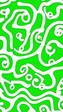 Abstract white swirling stripes moving on a bright green screen background, vertical video featuring fluid psychedelic patterns for chroma key editing