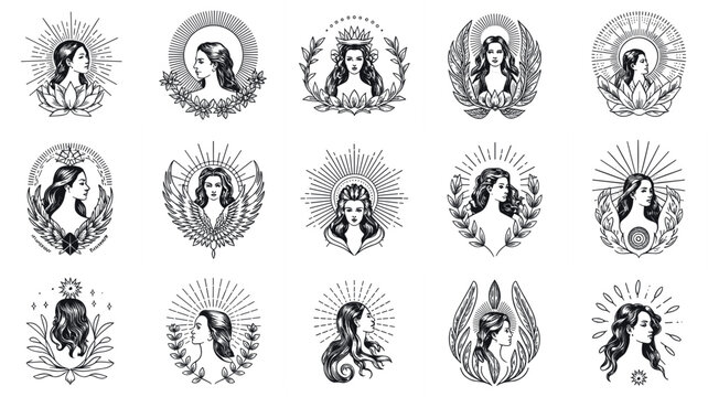 Mystical divine feminine logo icons collection featuring female faces sunburst laurel wreaths and stars