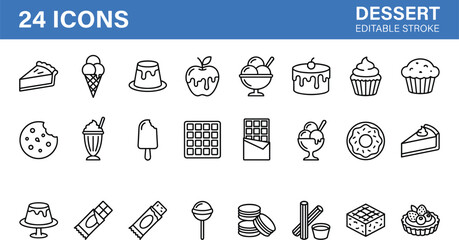 Dessert and sweet food editable stroke outline icons set with ice cream cake donut chocolate pie line symbols