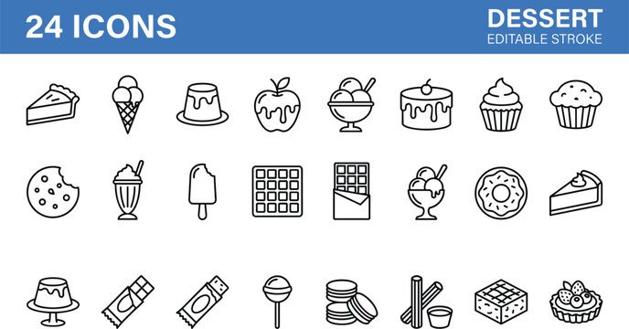 Dessert and sweet food editable stroke outline icons set with ice cream cake donut chocolate pie line symbols