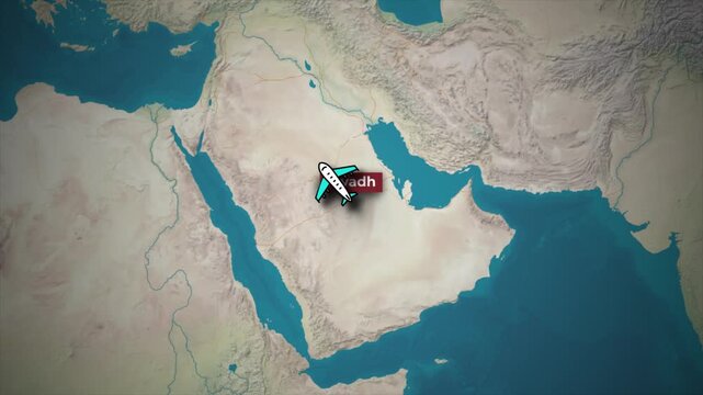 Animated Flight Route from Riyadh to Frankfurt on Topographic Map