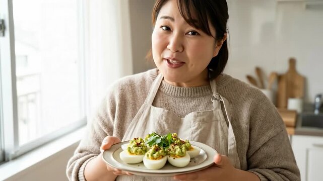 A woman holds a plate of delicious deviled eggs, garnished with fresh herbs, showcasing a homemade culinary delight.