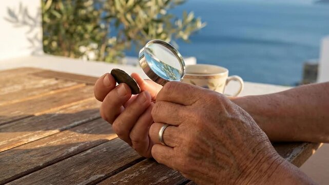 A curious elderly person holds a magnifying glass over a small object, sitting at a wooden table outdoors with a serene coastal view in the background.