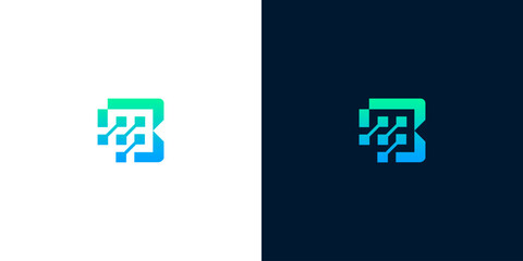 Letter B Digital Technology Logo Design with Circuit Nodes © anello