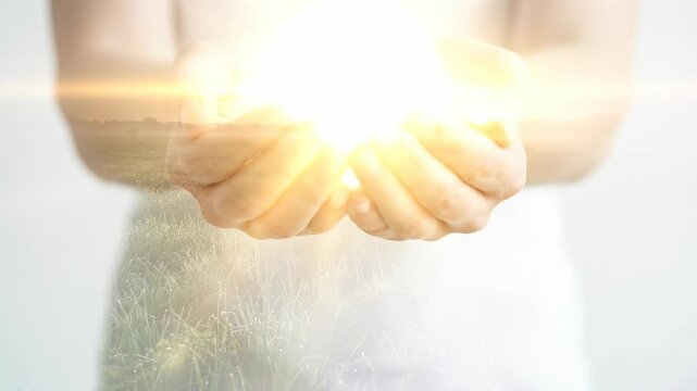A pair of cupped hands gently cradles a radiant orb of bright light, symbolizing hope, energy, and divine inspiration in a spiritual and abstract composition.