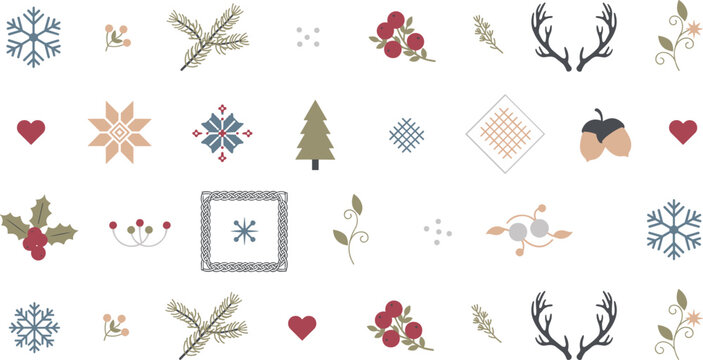 Scandinavian Christmas vector element set featuring rustic winter icons snowflakes pine trees antlers hearts and berries