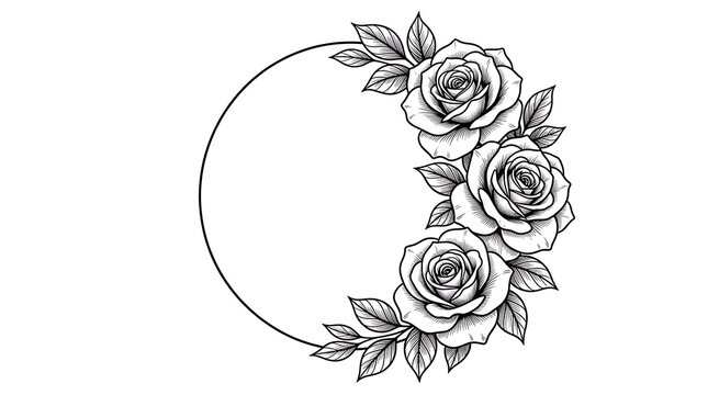 Black and white line of roses and leaves on a circular frame, empty space for text line black and white