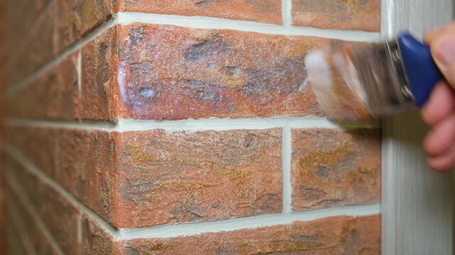 Applying acrylic varnish to a plastered decorative wall using a brush. The wall is finished to resemble red brick. Imitation brickwork. Finishing work.