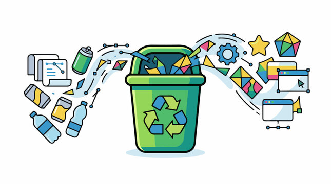 Digital waste stream flows into recycling bin with geometric shapes and cans