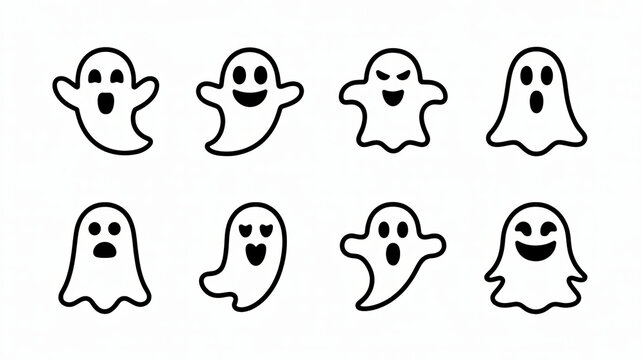 Collection of cute and spooky cartoon ghosts with various funny expressions