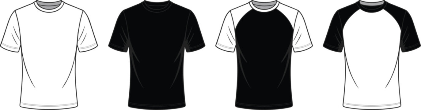 Blank Men T Shirt Fashion Mockup Set Featuring Classic White Crewneck Black Short Sleeve Tee and Raglan Baseball Shirt Vectors