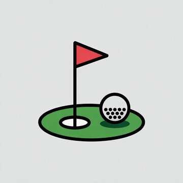 Simple illustration of a golf ball near a hole and flag on a green course.