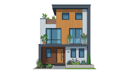 Fototapeta premium Contemporary Residential Building Design with Flat Roof Wooden Paneling Balcony Greenery and Bicycle Front View
