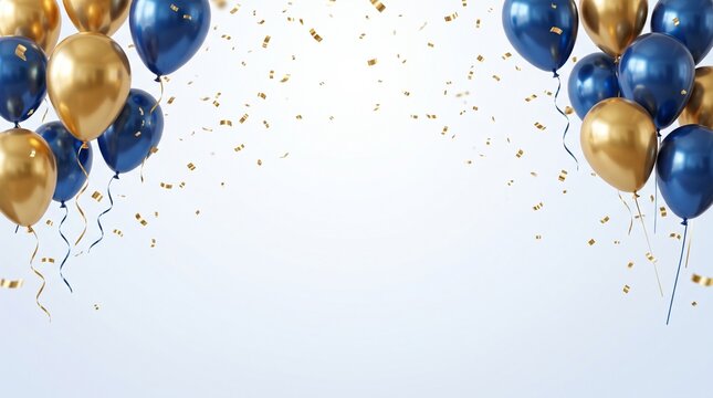 Vibrant golden and navy blue balloons with glistening confetti streamers creating a joyful and elegant celebratory background, perfect for festive events and special occasions