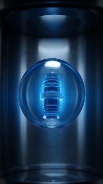 Cybersecurity blue glass sphere with metal core dark chamber for digital protection and data defense concept, cybersecurity blue sphere with secure digital core dark metal chamber, futuristic