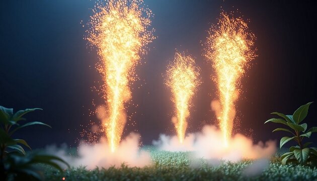 Fireworks explosions, colorful sparks, night sky, festive pyrotechnics, outdoor celebration