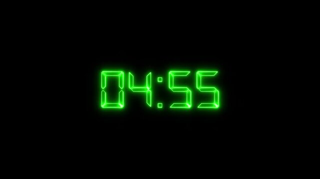 5 minutes countdown digital clock timer neon glowing animation