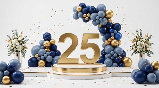 Luxury 25th Anniversary Celebration Backdrop with Gold 3D Numbers and Navy Blue Balloon Decoration