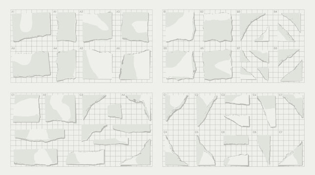 Versatile collection of torn and ripped paper pieces with a subtle grid background, ideal for creating unique graphic design projects, notes, and textured layouts