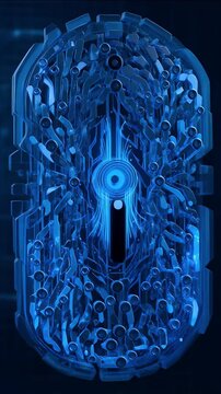 Cybersecurity digital lock with glowing blue circuit pattern, abstract blue keyhole, data network protection, metallic futuristic security concept