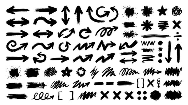 Hand-drawn Black Ink Arrow Set with Scribbles, Sketchy Lines, and Abstract Brush Stroke Symbols for Creative Design