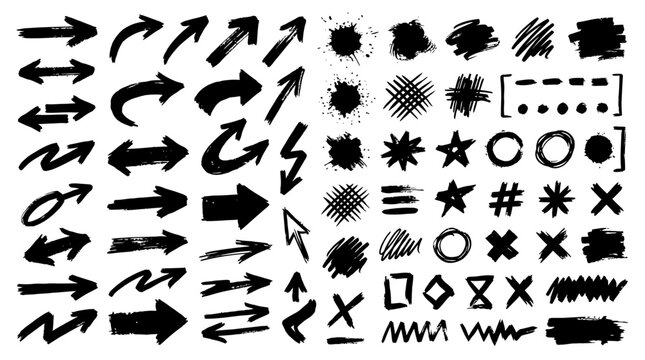 Hand Drawn Grunge Marker Scribbles and Directional Arrow Symbols Collection for Creative Graphic Design Projects