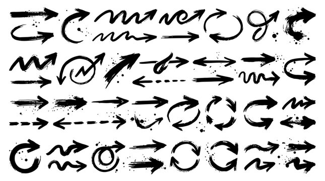 Hand Drawn Grunge Arrow Collection Featuring Various Textured Ink Strokes and Doodle Symbols