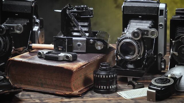 Old cameras in a composition on a wooden background, slowly moving in a horizontal plane.