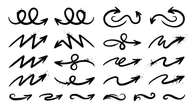 Set of hand drawn black marker arrows including wavy zigzag and curly pointing symbols isolated on white background for design projects