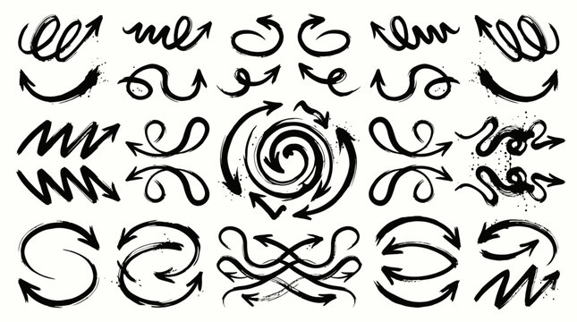 Hand drawn black ink arrow set with various curly wavy and spiral shapes for creative graphic design and decorative elements