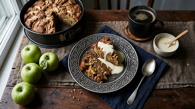 Freshly baked apple pie slice with pouring cream sauce homemade delicious wholesome seasonal culinary