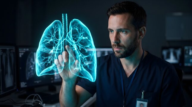 Doctor examines glowing virtual lung interface, utilizing futuristic interactive display, illuminated vibrant blue light, dark medical clinic setting.