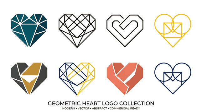 Collection of modern geometric heart logos and abstract linear love symbols, vector illustrations for creative branding and design projects
