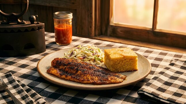 Homestyle catfish dinner with coleslaw and cornbread. Southern fried fish meal served on a rustic plate with iced tea.