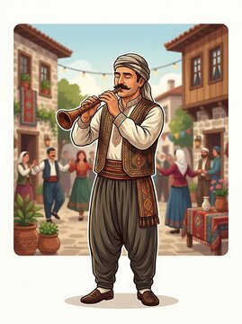 Traditional musician playing zurna during a festive village dance
