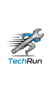 A stylized wrench with a running figure in blue and gray on white